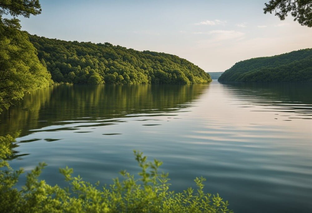 Rolling hills meet the tranquil waters of Lake Texoma at the state park. Lush greenery surrounds the lake, with rocky cliffs in the distance