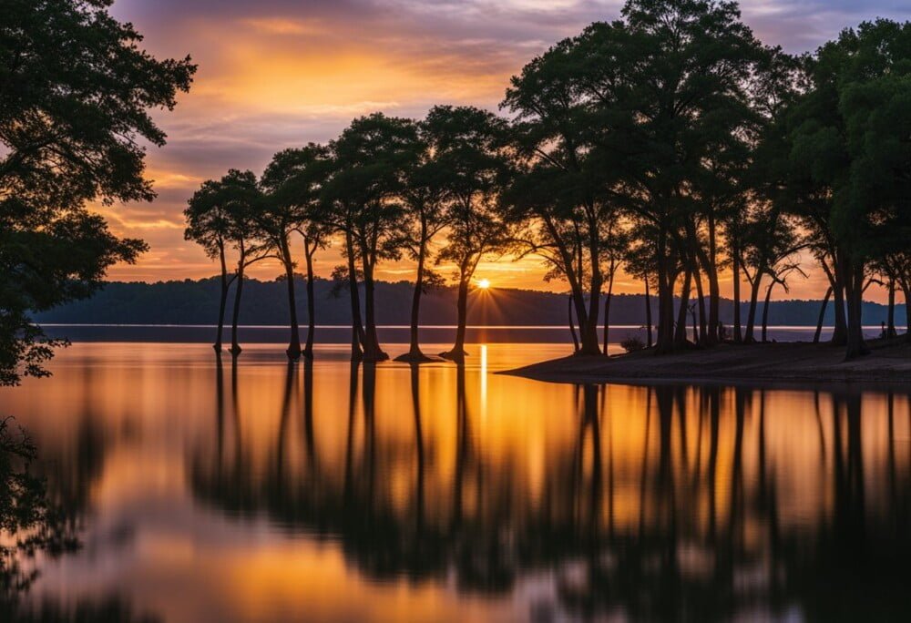 Sunset over Lake Texoma State Park, with vibrant colors reflecting off the calm water and silhouettes of trees lining the shore