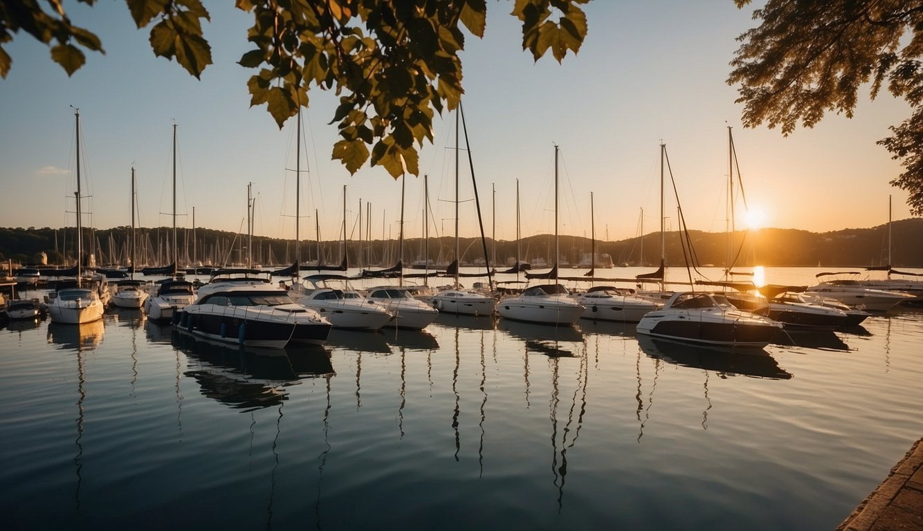 A serene lake with 10 marinas lined along the shore, each with boats docked and people enjoying water activities. The sun sets in the background, casting a warm glow over the scene