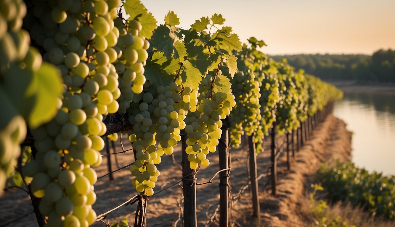 Lush vineyards overlook Lake Texoma, with rows of grapevines stretching towards the water. A charming winery building sits nestled among the greenery, inviting visitors to enjoy tastings and scenic views