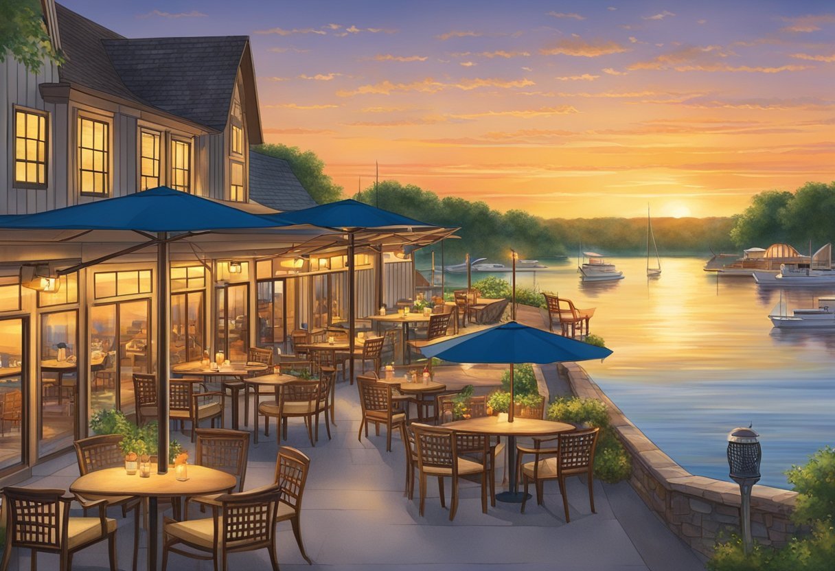 The sun sets over Lake Texoma, casting a warm glow on the 7 best restaurants lining the water's edge, their outdoor patios filled with diners enjoying the serene lake views