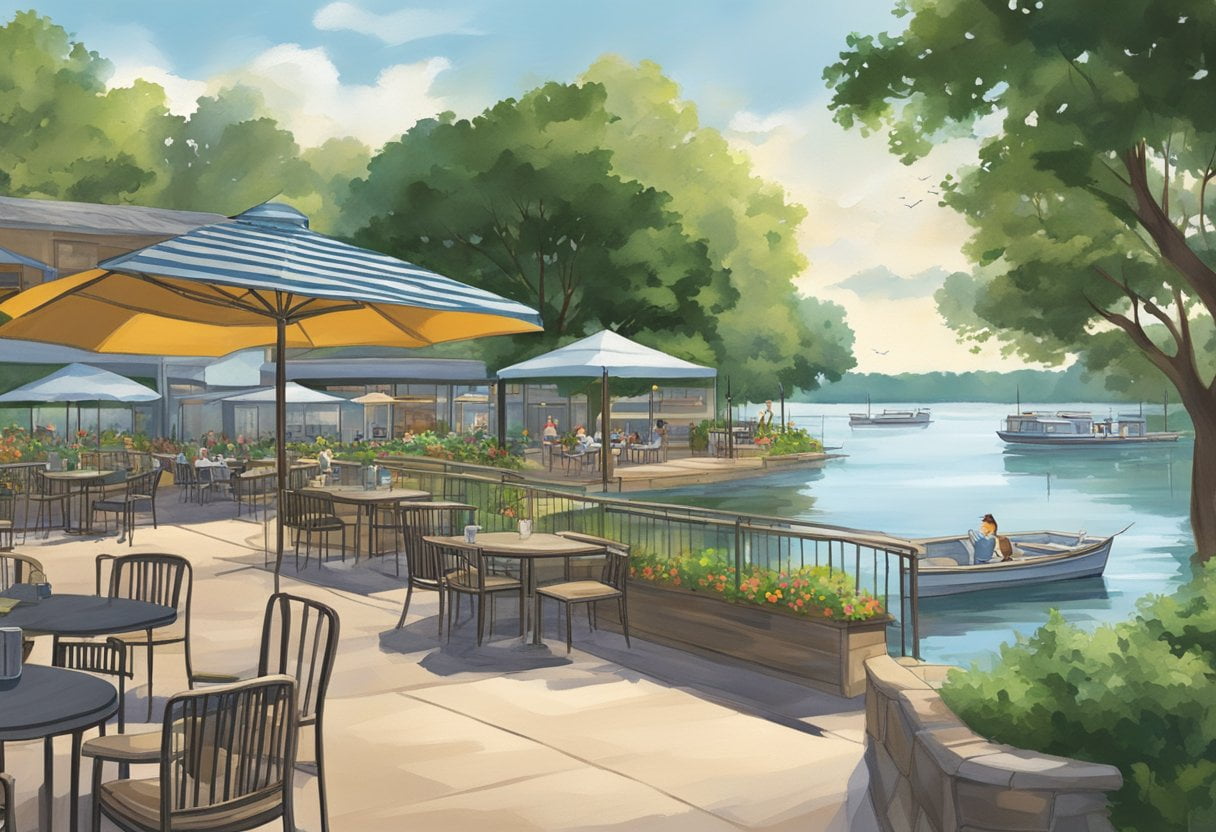 The scene depicts a serene lake Texoma with 7 waterfront restaurants, surrounded by lush greenery and calm waters