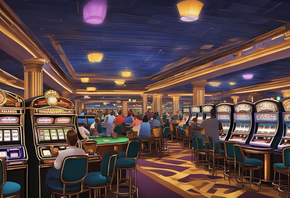 Bright lights illuminate the bustling casino floor, with slot machines flashing and card tables buzzing. The sounds of laughter and cheers fill the air as patrons try their luck at the 10 best Lake Texoma casinos