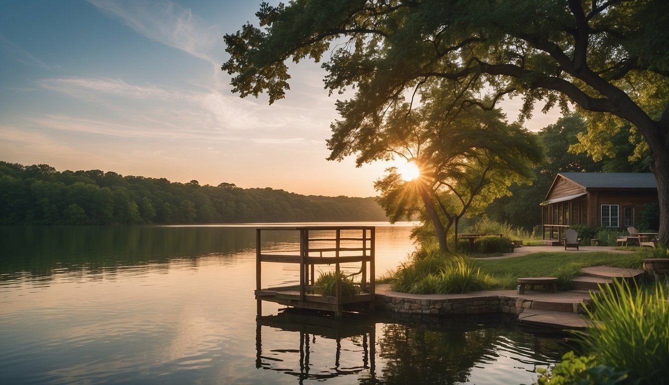 The serene waters of Lake Texoma reflect the surrounding lush greenery. A tranquil spa sits nestled on the shore, offering relaxation and rejuvenation to its visitors