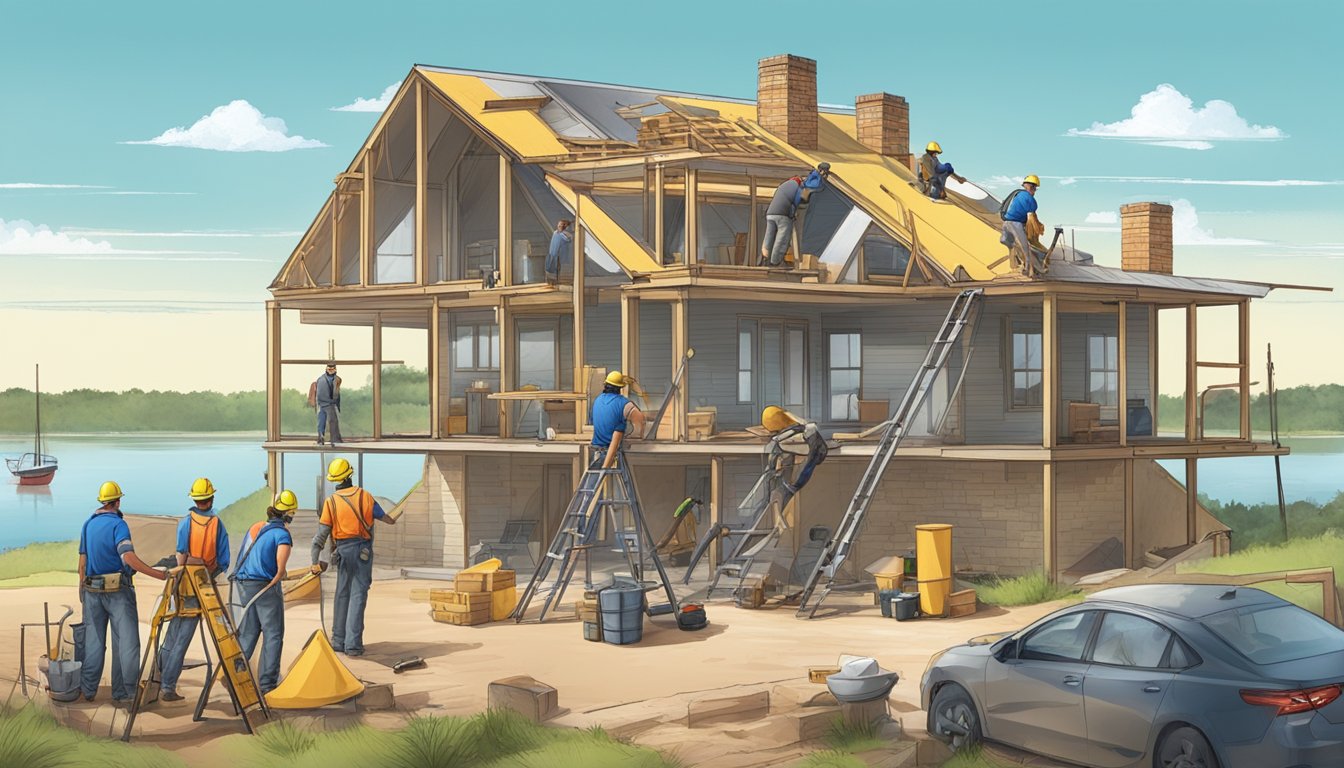 A group of roofers working on various houses by the scenic Lake Texoma, with their tools and equipment scattered around the construction site