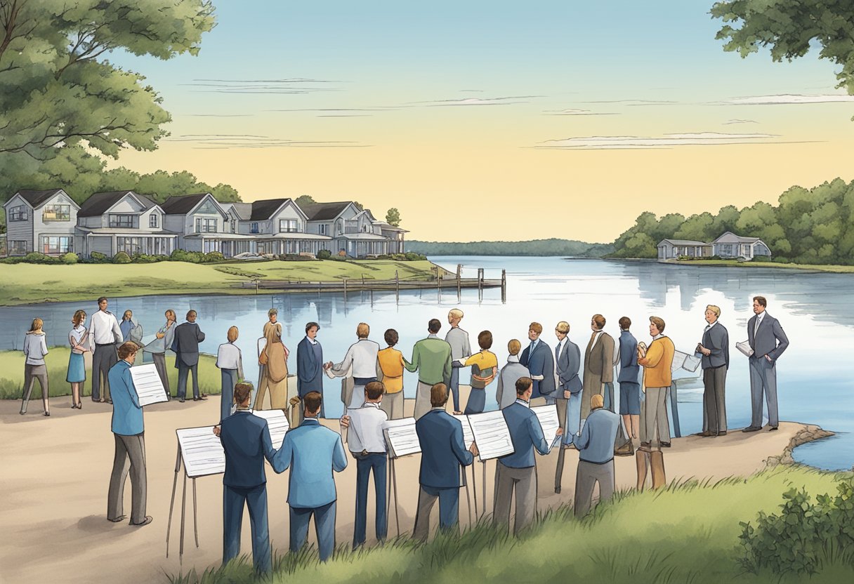 A lakeside scene with 10 real estate agents standing in front of Lake Texoma, discussing properties and holding up "sold" signs