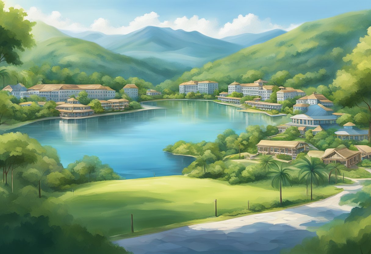 A serene lakeside with 10 hotels nestled among lush greenery and rolling hills, with clear blue waters stretching out into the distance