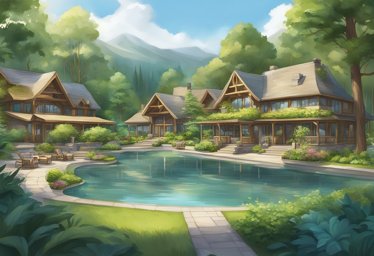 A serene lakefront hotel with lush greenery, a sprawling pool, and cozy cabins nestled in the trees