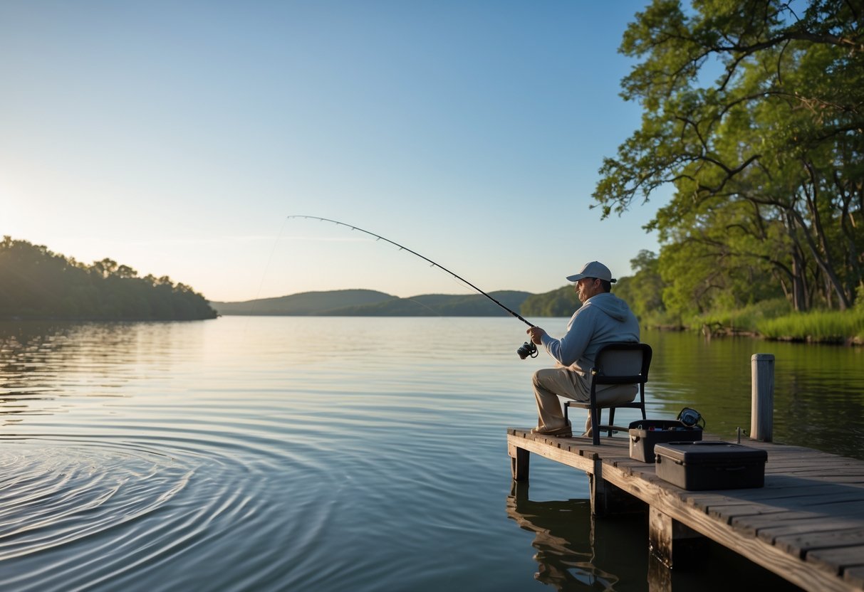 A person fishing from a wooden dock on a calm lake surrounded by trees and hills under a clear sky.