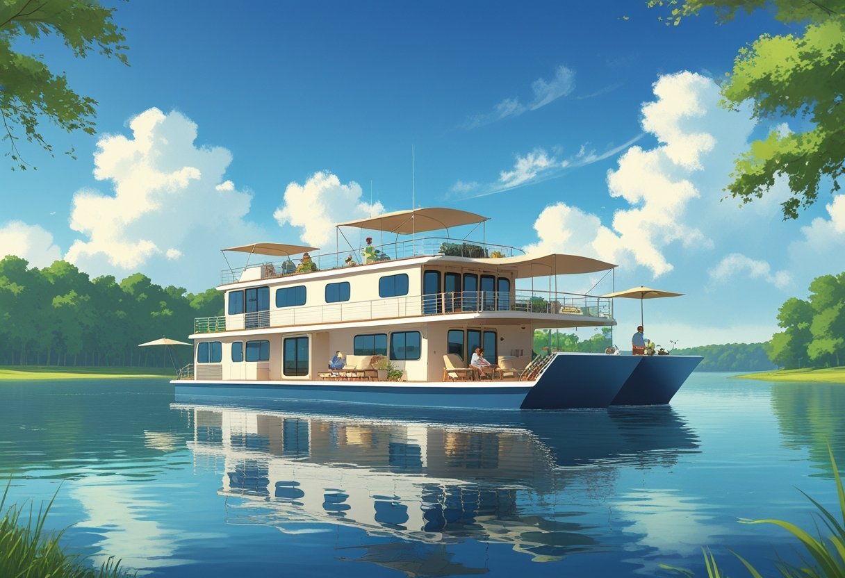 A large houseboat on calm lake water with people relaxing on deck and green trees along the shore under a sunny sky.