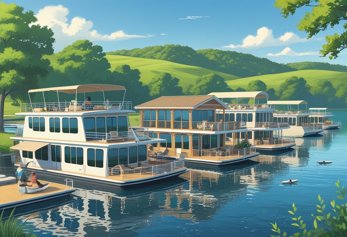 Several houseboats docked on a calm lake surrounded by trees and hills, with people enjoying outdoor activities on and around the boats.